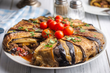 Traditional delicious Turkish food, meat eggplant dish (Turkish name; patlican kapama)