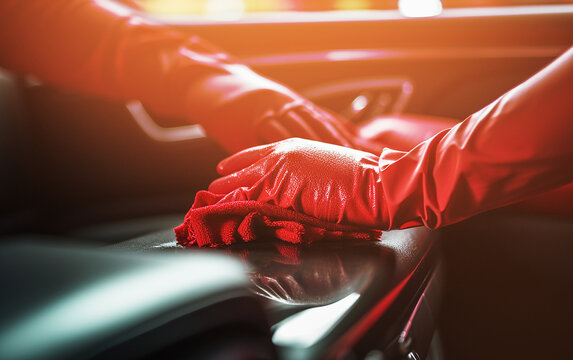 Inside car cleaning, Wax on red seat, Inside luxury car, micro fiber cleaned, red glove.