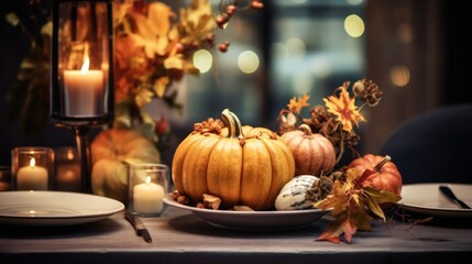 Thanksgiving table setting with pumpkin