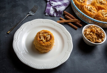 Traditional delicious Turkish food; walnut kadayif, Turkish name; kase kadayif