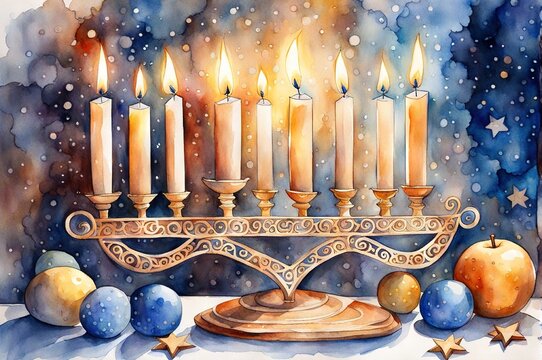 Watercolor drawing Happy Hanukkah. Jewish holiday Hanukkah, greeting card with traditional candles symbols of Hanukkah.