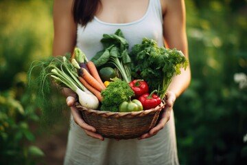 Fototapeta premium Young woman holding basket with fresh vegetables in the garden. Selective focus.