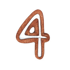 Christmas Advent Calendar Number 4 in the form of a Christmas gingerbread on a white background. Suitable for holiday and new year inscriptions with dates that have the number nine