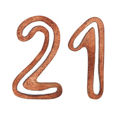 Naklejka premium Number 21 in the form of a Christmas gingerbread on a white background. Suitable for holiday and new year inscriptions with dates that have the number nine