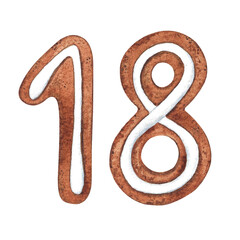 Number 18 in the form of a Christmas gingerbread on a white background. Suitable for holiday and new year inscriptions with dates that have the number nine