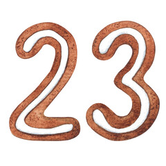 Number 23 in the form of a Christmas gingerbread on a white background. Suitable for holiday and new year inscriptions with dates that have the number nine