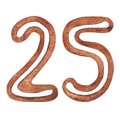 Number 25 in the form of a Christmas gingerbread on a white background. Suitable for holiday and new year inscriptions with dates that have the number nine