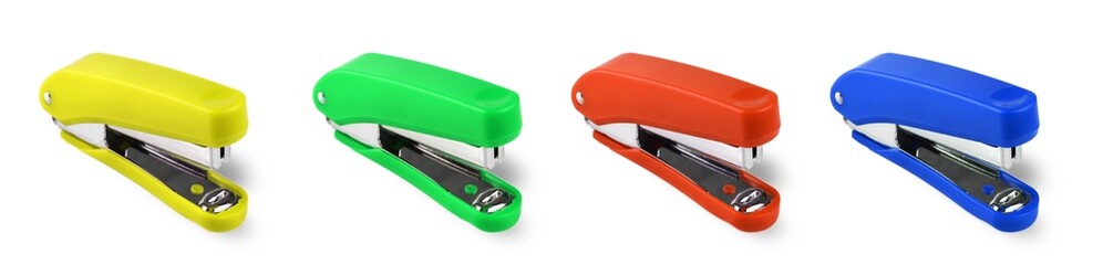 Set of colored stapler isolated on white background