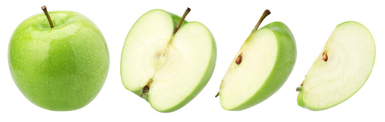 green apple ( granny smith apple), half and slice isolated, transparent PNG, collection, PNG format, cut out
