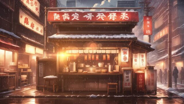 Lofi anime winter restaurant. Night ramen restaurant animation. Loop animation background video. Japanese street food.