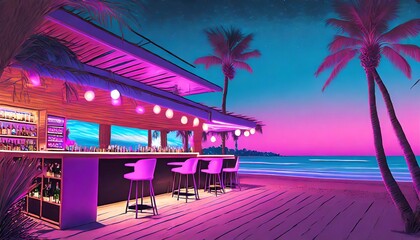 A beachfront bar at a holiday resort at nighttime with purple and pink tones in a pop art st