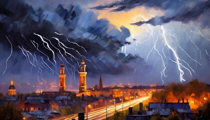 A low-detail oil painting of a thunderstorm over a cityscape with dark tones and a backlit 