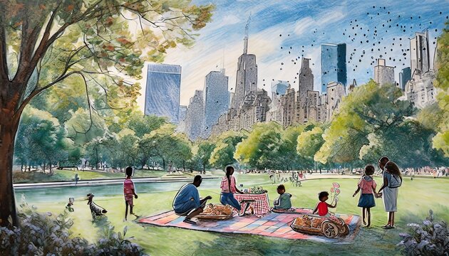 A chalk drawing of a family picnic being attacked by ants in Central Park with a surrealist  