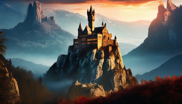 A fantasy painting of a castle sitting on top of a craggy peak with a cinematic tone