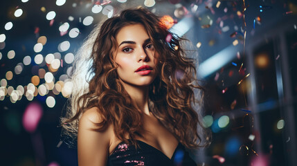 Young woman with curly hair and a glittering dress, smiling joyfully at a festive party, surrounded by the blurred lights and guests in the background.