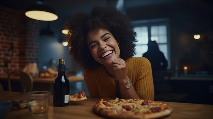 Cheerful woman with curly hair, smiling and seated at a table with pizza and a bottle of wine, creating a sense of a relaxed and enjoyable dining experience.