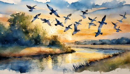 Obraz na płótnie Canvas A watercolor painting of a flock of birds flying over a river at sunset with realistic textu 