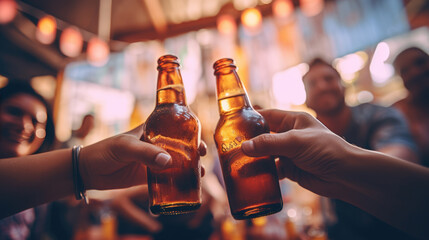 Two hands holding beer bottles in a toasting gesture, with a warm and convivial atmosphere that suggests a social gathering or celebration among friends. - obrazy, fototapety, plakaty