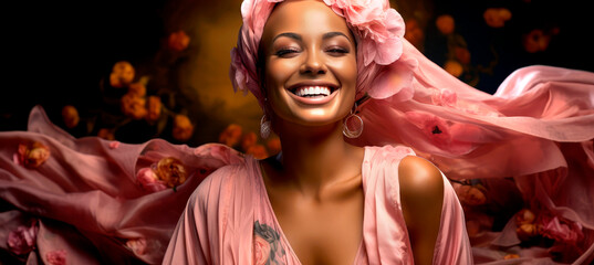 Close up portrait of happy smiling African woman with pink traditional turban on her head, Beautiful dark-skinned model with Emotional facial expression.