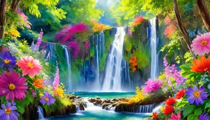 waterfall and flowers