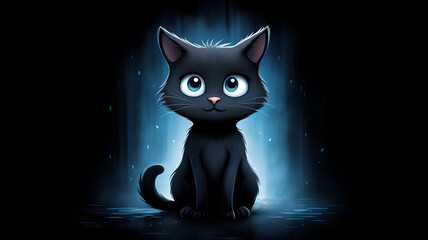 Cute Black Cat on a Dark Background. 