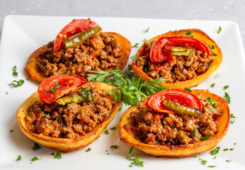 Traditional Turkish food; baked potato dish with minced meat, Turkish name; Patates karniyarik.
