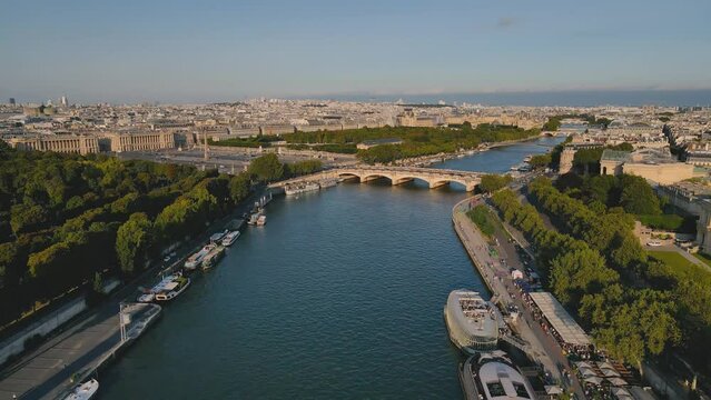 Paris Place de la Concorde and Seine river aerial view, Paris, France