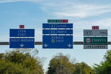 Highway road signs Paris, driving in heavy traffic on ring road of capital of France, traffic problems in Paris