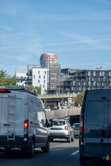 Highway road signs Paris, driving in heavy traffic on ring road of capital of France, traffic...