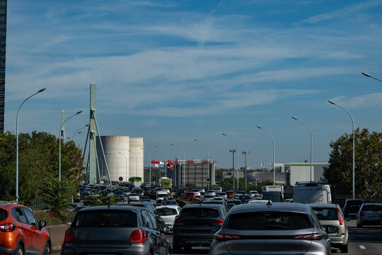 Highway road signs Paris, driving in heavy traffic on ring road of capital of France, traffic problems in Paris