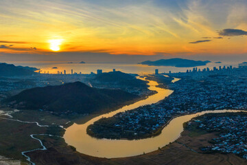 The coastal city of Nha Trang seen from above in the morning, beautiful coastline. This is a city...