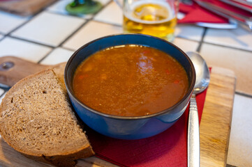 German food, thick, rich goulash meat soup served hot in bowl in old German cafe in countryside