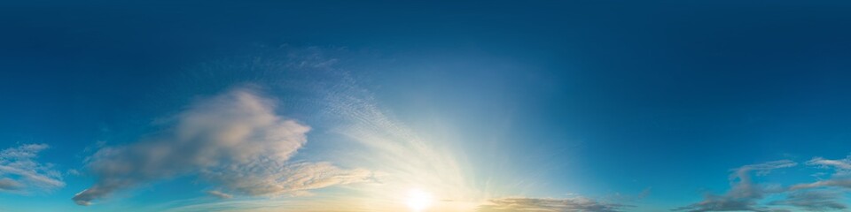 Obraz premium Sunset sky panorama with bright glowing pink Cumulus clouds. HDR 360 seamless spherical panorama. Full zenith or sky dome in 3D visualization, sky replacement for aerial drone panoramas.
