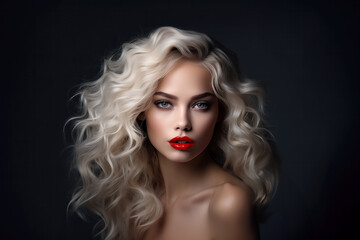 Blonde woman with red lips and smoky eyes. Cosmetics, beauty and hair styling
