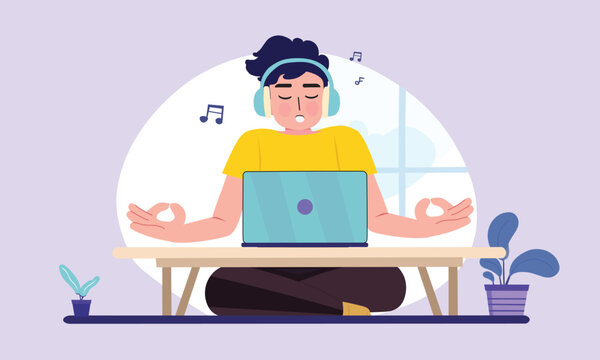 Overwhelmed boy at laptop listen music doing yoga, worker at home nice environment relaxation music.. Cartoon flat vector illustration