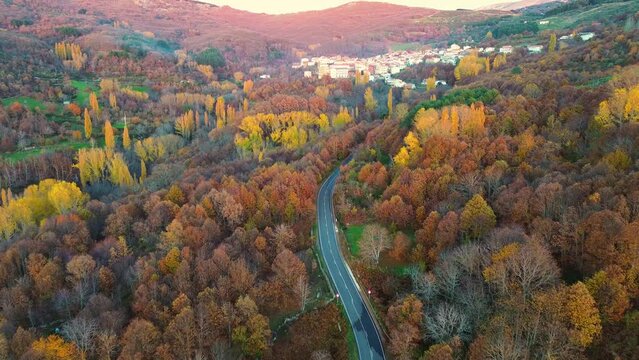 Drone view of the village called La Garganta and its landscapes in C&aacute;ceres, extremadura, spain