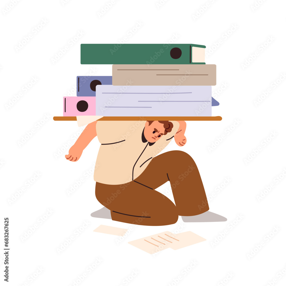 Poster work burden, documents overload. paperwork and bureaucracy concept. business man, employee overloade