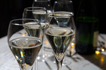 New year party, small bubbles of brut champagne cava or prosecco wine in tulip glasses with garland  lights on background