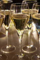 New year party, small bubbles of brut champagne cava or prosecco wine in tulip glasses with garland  lights on background