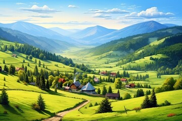 Obraz premium Beautiful landscape with green meadows and blue sky with clouds.