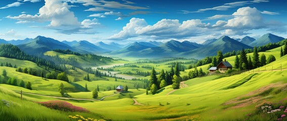 Beautiful landscape with green meadows and blue sky with clouds.