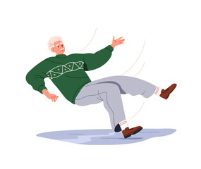 Person slipping, falling down. Old man falls, sliding on slippery wet floor. Clumsy senior elderly person in accident risk, injury danger. Flat vector illustration isolated on white background