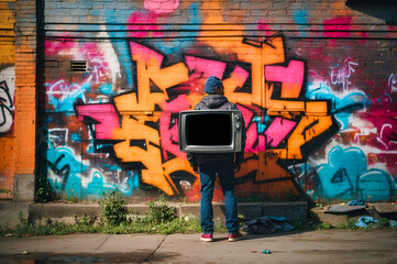 A person with a television set for a head stands in front of a wall covered in colorful graffiti