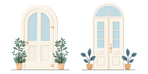 White front door with two pots with plants. Cartoon house illustration - obrazy, fototapety, plakaty