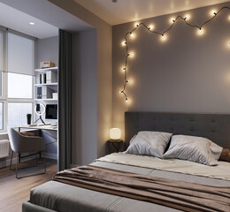 visualization of a cozy modern bedroom, 3d rendering, cg illustration