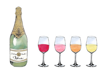 手描きイラスト素材：水彩カラーのワインボトルとグラスのセット（赤・ロゼ・オレンジ・白の4色）
