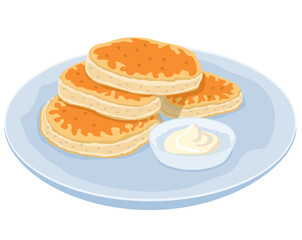 Cheesecakes, Cheese pancakes, syrniki. Tasty pancakes with sour cream or cream isolated on white background. Flat stile. Vector color illustration.