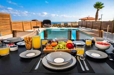 Poolside Culinary Delight: A captivating photo featuring a well-set table adorned with an array of...