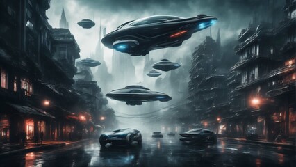 Futuristic scifi City with flying cars.