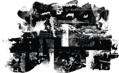 Obraz premium Glitch distorted grange shape . Noise grungy logo . Trendy defect error shapes . Glitched frame .Grunge textured . Distressed effect .Vector shapes with a halftone dots screen print texture.